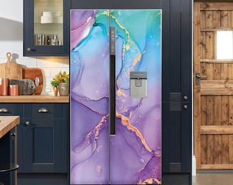 Fridge Wrap Marble Gold Purple Teal, Refrigerator Wrap Vinyl, Door Decal Self Adhesive Kitchen Wall Decor, Fridge Side by Side Skin Cover