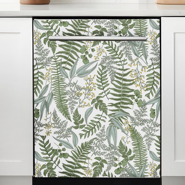 Dishwasher Magnet Cover Botanical Fern Vintage, Floral Kitchen Dishwasher Magnetic Decal Vinyl White Green Kitchen Decor Self Adhesive Wrap