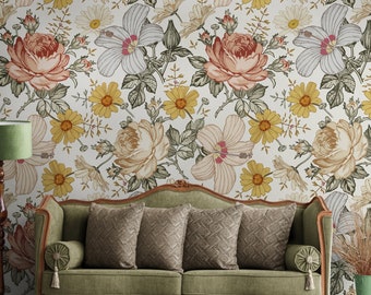 Big Boho Floral Wallpaper Nursery Peel and Stick, Vintage Flower Wallpaper for Girls Removable, Floral Mural Vinyl Wallpaper Self Adhesive