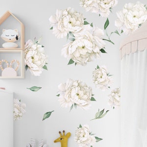 Pfingstrose Blume Wandtattoo, Blumenwandtattoo Kinderzimmer, Pfingstrose Wandaufkleber, weiße Aquarell Pfingstrose Wandtattoo Schälen und Aufkleben