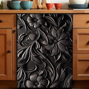 Schwarz Magnet Cover, Floral Küche Geschirrspüler Cover Vinyl Magnet Aufkleber Aufkleber, Blumen Küche Decor Selbstklebende Wrap Skin