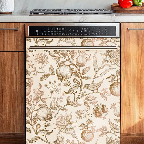 Dishwasher Magnet Cover Vintage Floral Beige Botanical Kitchen Dishwasher Cover Magnetic Skin Vinyl Decal Kitchen Decor Self Adhesive Wrap