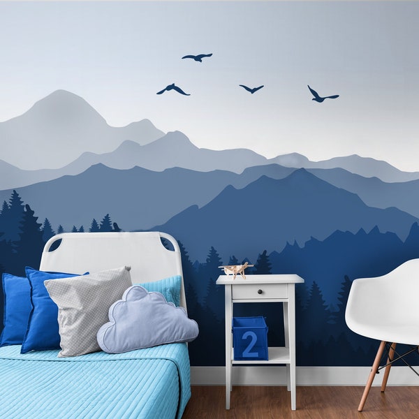 Kids Wallpaper Mountain and Forest, Boy Nursery Wallpaper Peel & Stick, Blue Mountain Wall Mural, Removable Vinyl Wallpaper for Boys Room