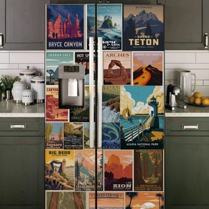 Retro Parks Kühlschrankverpackung, Vintage Kühlschrankaufkleber, Vinylfolie Side by Side Top Bottom Retro Poster Aufkleber, Vintage Wrap Skin Kitchen Decor