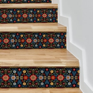 Stair Riser Decals Floral, Stair Decals, Staircase Decals Peel & Stick Vinyl Dark Folk Pattern, Stair Riser Stickers, Stairway Strips Decor