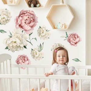 Pfingstrose Blume Wandtattoos Kinderzimmer, Floral Wandtattoos, Blumen Wandsticker, Vintage Aquarell Pfingstrose Wandtattoos für Schlafzimmer Schälen und Aufkleben