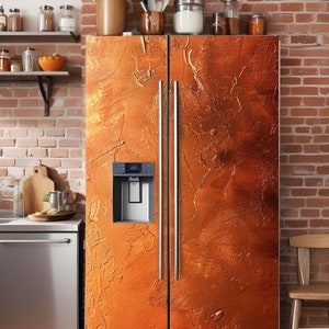 Fridge Wrap Copper Vintage Rustic, Refrigerator Wrap Vinyl Side by Side Decorative Retro Fridge Decal Sticker, Adhesive Loft Kitchen Decor