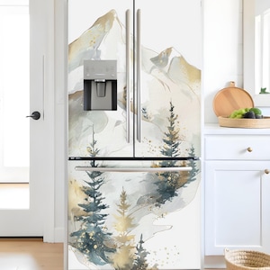 Fridge Wrap White Mountains, Refrigerator Wrap Vinyl Side by Side, Top Bottom Custom Fridge Skin Decal Self Adhesive Cabin RV Kitchen Decor