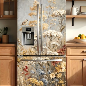 Fridge Wrap Floral Vinyl, Refrigerator Wrap Side by Side, Fridge Decals Top Bottom Freezer, Decorative Self Adhesive Farmhouse Kitchen Decor