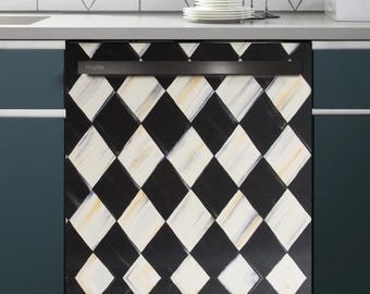 May include: A black and white diamond-patterned dishwasher with a black handle. The design features a harlequin pattern with white and yellow accents. The word "Profile" is printed on the handle.