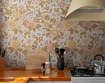 Vintage Flowers Wallpaper for Kitchen Peel & Stick, Vintage Floral Wallpaper Bedroom Removable, Boho Floral Vinyl Wallpaper Self Adhesive