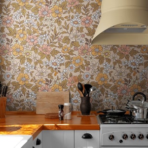 Carta da parati con fiori vintage per cucina Peel & Stick, carta da parati floreale vintage per camera da letto rimovibile, carta da parati in vinile floreale Boho autoadesiva