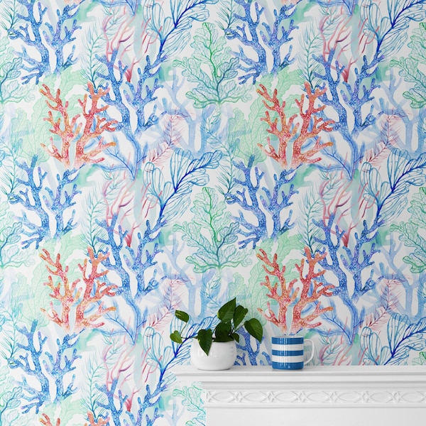 Coral Wallpaper Peel & Stick, Blue Bathroom Wallpaper Waterproof, Marine, Sea Wall Mural, Coastal Decor, Watercolor Removable Self Adhesive