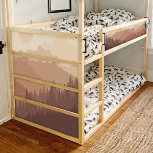 Calcomanía para cama Kura de IKEA con diseño de montañas bohemias, pegatinas extraíbles para cama Kura de IKEA, calcomanía bohemia para cama Kura, pegatinas para literas de IKEA, funda para cama Kura