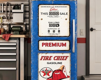 Vinilo azul para nevera con diseño de surtidor de gasolina, vinilo vintage para nevera de gasolinera, adhesivo para congelador superior e inferior, decoración para garaje o cueva de hombre.