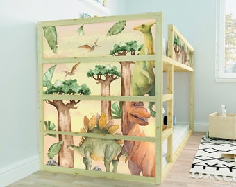 May include: A wooden bunk bed with a dinosaur themed wallpaper featuring green and brown dinosaurs, trees, and leaves. The wallpaper is on the back of the bed and is visible from the side.