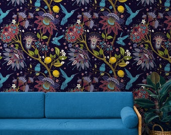 Dark Navy Floral Wallpaper Peel & Stick, Dark Vintage Botanical Wallpaper for Bedroom, Self Adhesive Removable Hummingbird Paisley Wallpaper