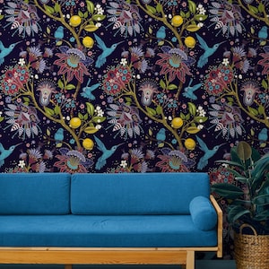 Carta da parati floreale scuro Dark Navy Peel & Stick, carta da parati botanica vintage scura per camera da letto, carta da parati autoadesiva rimovibile Hummingbird Paisley