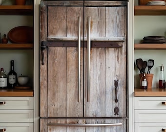 May include: A white kitchen with wooden shelves and a refrigerator with a rustic wood door design. The refrigerator has a stainless steel handle and a metal band around the door.
