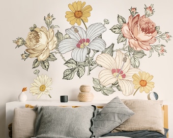 Boho Floral Wall Decals Nursery, Flower Wall Decals Vintage Retro, Boho Wall Decal Girls Bedroom, Hibiscus Rose Yellow Flower Peel & Stick