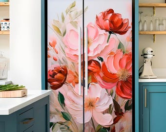 Floral Fridge Wrap, Refrigerator Wrap Vinyl Self-Adhesive Decorative Decal, Top Bottom Freezer French Door Cover Skin, Custom Kitchen Decor