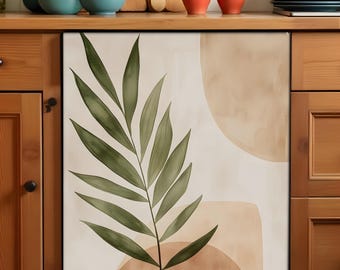 Puede incluir: Un refrigerador blanco con un panel de puerta extraíble que presenta un diseño abstracto con una hoja verde y formas marrones. El diseño recuerda a una pintura de acuarela.