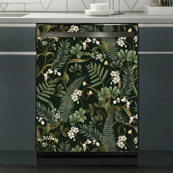 Dishwasher Magnet Cover Vintage Dark Botanical Kitchen Dishwasher Cover Magnetic Decal Vinyl Fern Green Kitchen Decor Self Adhesive Wrap