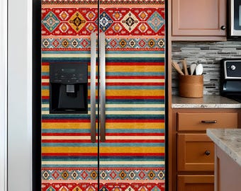 Boho Fridge Wrap Vintage, Refrigerator Wrap Side by Side, Bohemian Vinyl Decals Top Bottom Self Adhesive Rustic Kitchen Decor