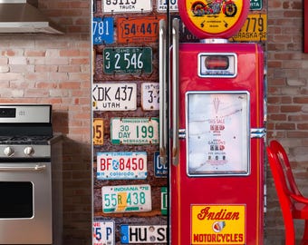 Fridge Wrap Retro Gas Pump, Refrigerator Wrap Vintage License Plates Garage Decor, Fridge Vinyl Decal Side by Side, Man Cave Skin Mural