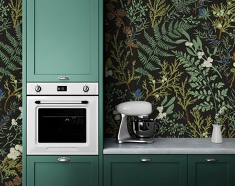 Carta da parati botanica scura Stacca e incolla Carta da parati backsplash con felce verde Carta da parati autoadesiva rimovibile con verde vintage Murale per il bagno