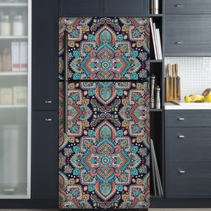 Blue Mandala Fridge Wrap, Refrigerator Wrap Vinyl Side by Side, Boho Decorative Top Bottom Freezer Fridge Decals Self Adhesive Kitchen Decor