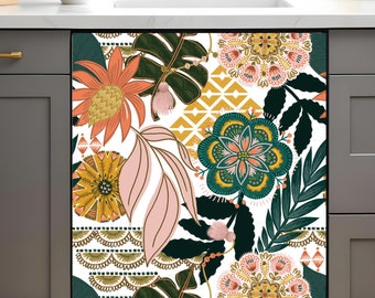 Funda magnética para lavavajillas, vinilo adhesivo magnético para lavavajillas de cocina, decoración floral bohemia tropical para cocina.