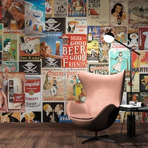 Vintage Tapete Vinyl Peel & Stick, Retro Poster Tapete für Küche, Bad, Flur Entfernbares selbstklebendes Retro Art Wandbild