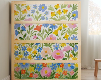 Pegatinas para cama KURA con diseño de flores silvestres, pegatinas IKEA para cama Kura para niñas, decoración floral colorida para literas.