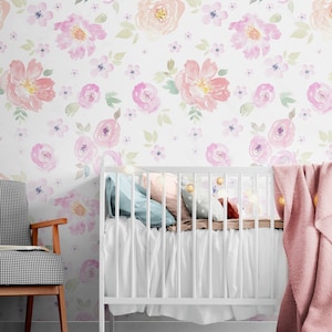 Carta da parati floreale rosa per cameretta dei bambini, carta da parati a fiori staccabile e incolla, carta da parati floreale ad acquerello per camera da letto per ragazze, carta da parati autoadesiva con peonia