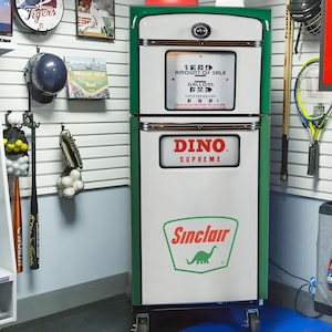 Benzinepomp koelkast wrap vintage, koelkast wrap Sinclair Dino benzinepomp, garage koelkast vinyl sticker boven-onder vriezer huid man Cave decor