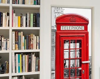 London Phone Booth Door Wrap, Red Phone Booth Door Mural, Door Vinyl Decal, Door Skin, English Phone Booth Door Wallpaper Removable Decor