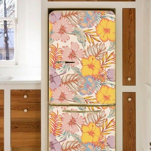Fridge Wrap Tropical Floral, Refrigerator Wrap Vinyl Side by Side, Decorative Top Bottom Freezer Decals Self Adhesive, Flowers Kitchen Decor