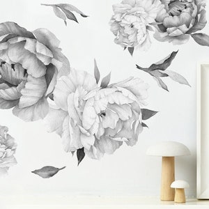 Peony Wall Decals Black and White, Floral Wall Decals, Watercolor Peonies Wall Decals for Bedroom, Peony Flowers Decal for Walls Peel Stick