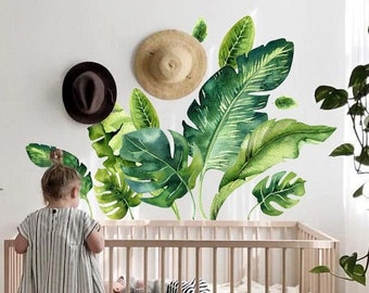 Jungle Leaf Wall Decal Nursery, Bathroom Tropical Leaf Wall Decal, Palm Banana Leaf Wall Stickers, Safari Tropical Plants Decal Peel & Stick