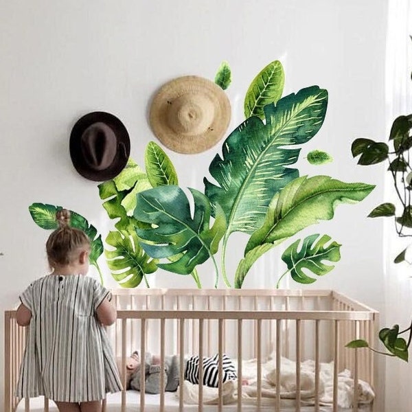 Jungle Leaf Wall Decal Nursery, Bathroom Tropical Leaf Wall Decal, Palm Banana Leaf Wall Stickers, Safari Tropical Plants Decal Peel & Stick