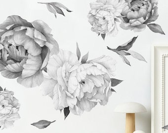 Peony Wall Decals Black and White, Floral Wall Decals, Watercolor Peonies Wall Decals for Bedroom, Peony Flowers Decal for Walls Peel Stick