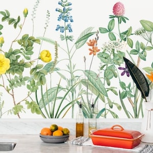 Vintage Botanische Tapete Peel & Stick, Floral Küche Backsplash Tapete, Kräuter Wildblume Tapete, Gartenblume selbstklebend Vinyl