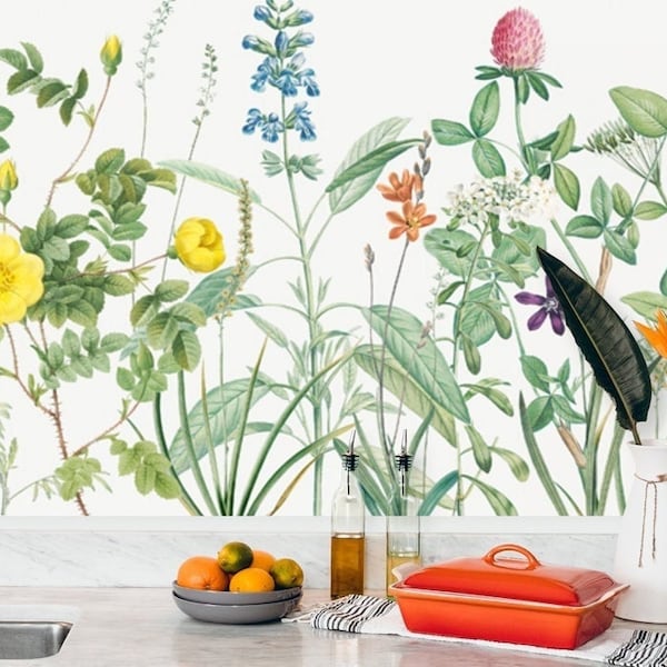 Vintage botanische behang peeling & stick, bloemen keuken backsplash behang, kruiden wildflower behang, tuin bloem zelfklevend vinyl