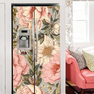 Floral Kühlschrankfolie Vintage Kühlschrank Wrap Vinyl Side by Side Rosa Teal Kühlschrank Aufkleber Unten Dekorative Selbstklebende Blumen Küche Dekor