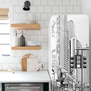 Fridge Wrap New York, Refrigerator Wrap Vinyl Cover, Black & White Fridge Decals Top Bottom Freezer New York, Full Fridge Skin Self Adhesive