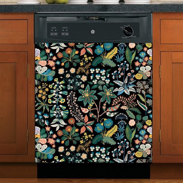 Dishwasher Magnet Cover Vintage Floral, Retro Dark Botanical Kitchen Dishwasher Wrap Cover Magnetic Decal Vinyl, Kitchen Decor Self Adhesive