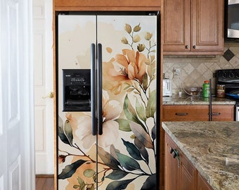 Fridge Wrap Floral Beige Refrigerator Wrap Vinyl Side by Side Decorative Top Bottom Freezer Fridge Decal Self Adhesive Flower Kitchen Decor