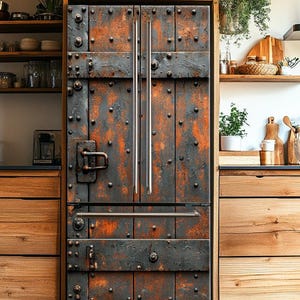 Rustic Door Refrigerator Wrap, Fridge Wrap Farmhouse Vintage Vinyl Side by Side, Top Bottom Barn Door Decorative Fridge Decal Self Adhesive