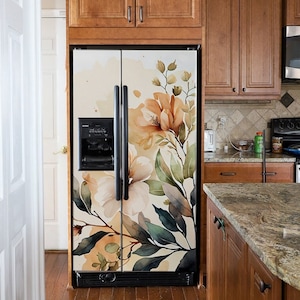 Fridge Wrap Floral Beige Refrigerator Wrap Vinyl Side by Side Decorative Top Bottom Freezer Fridge Decal Self Adhesive Flower Kitchen Decor